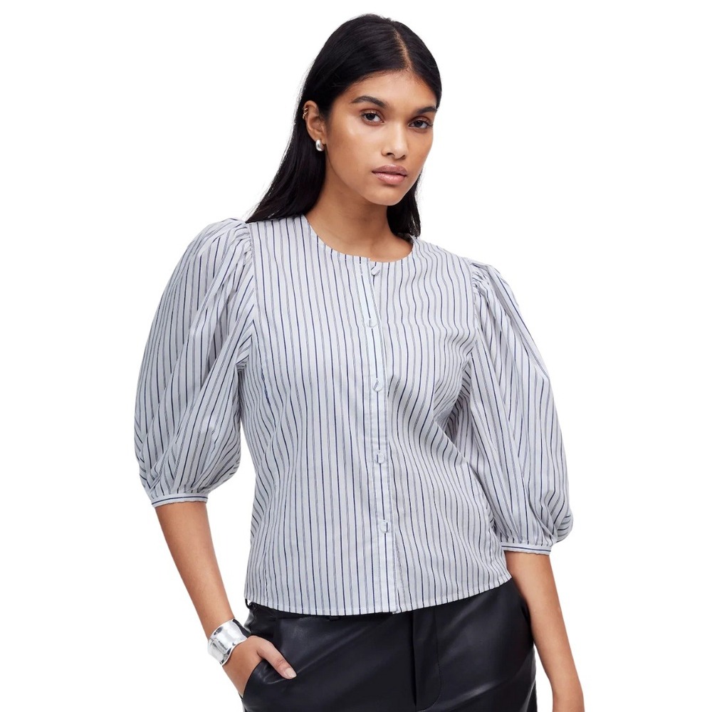 Madewell Top‎ Womens Size 4 White Blue Striped Puff Sleeve Button Front Shirt